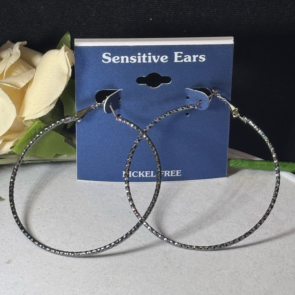 Sensitive Ears Gunmetal Tone Textured 2.5 inch Hoop Earrings